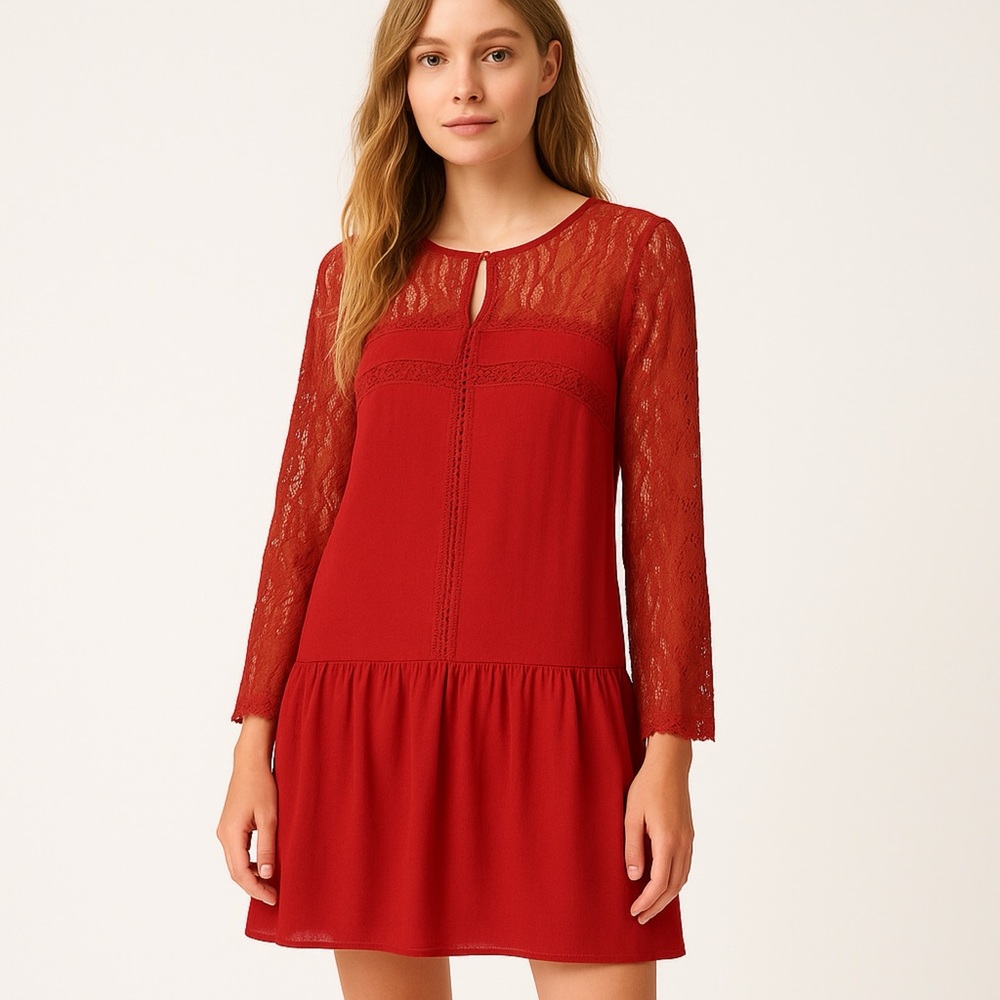 Velzera Dress Lace Trim Tiered Long Bell Sleeves Orange Size M